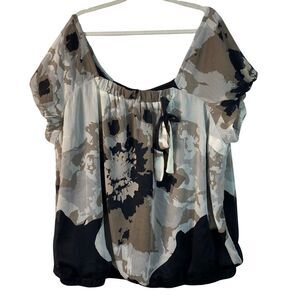 Apostrophe Black Gray Tan Abstract Floral Short Sleeve Square Neck Top 26-28 W